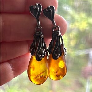 Baltic Amber Teardrop Earrings with Sterling Silver Accents